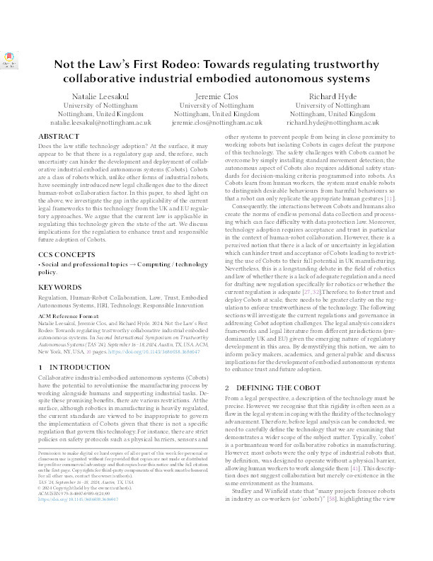 Not the Law's First Rodeo: Towards regulating trustworthy collaborative industrial embodied autonomous systems Thumbnail