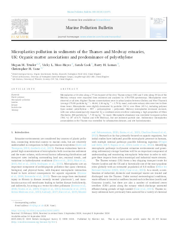 Microplastics pollution in sediments of the Thames and Medway estuaries, UK: Organic matter associations and predominance of polyethylene Thumbnail