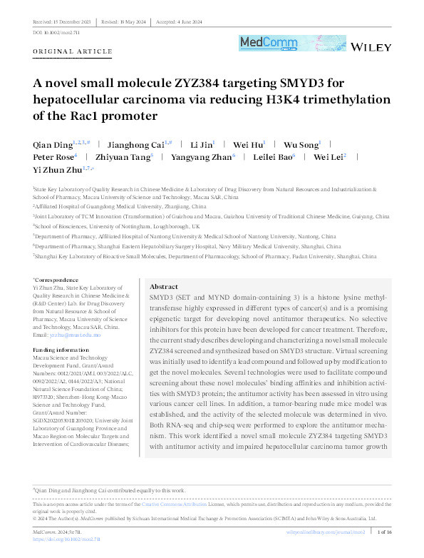 A novel small molecule ZYZ384 targeting SMYD3 for hepatocellular carcinoma via reducing H3K4 trimethylation of the Rac1 promoter Thumbnail