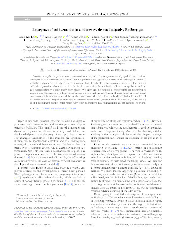 Emergence of subharmonics in a microwave driven dissipative Rydberg gas Thumbnail