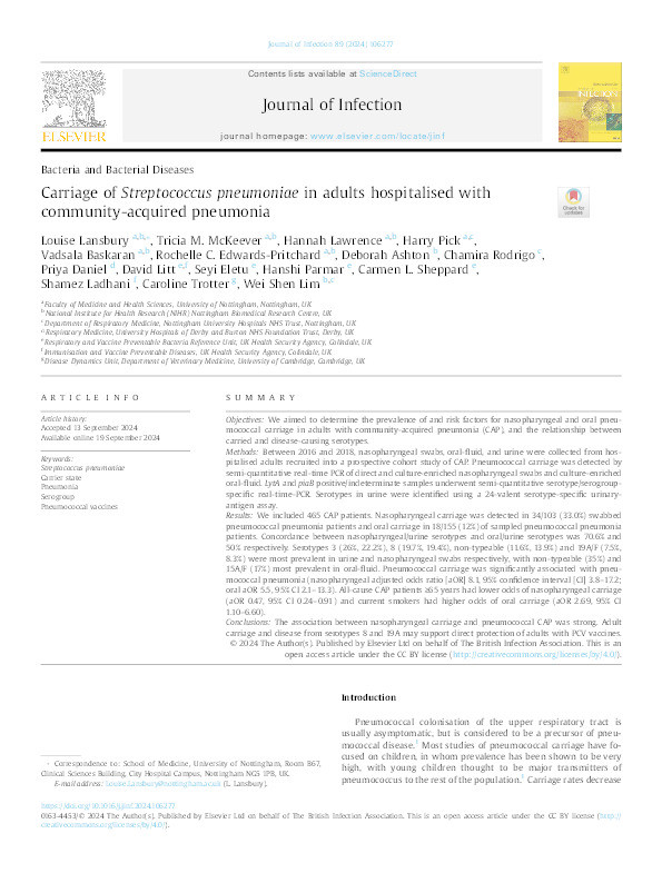 Carriage of Streptococcus pneumoniae in adults hospitalised with community-acquired pneumonia Thumbnail