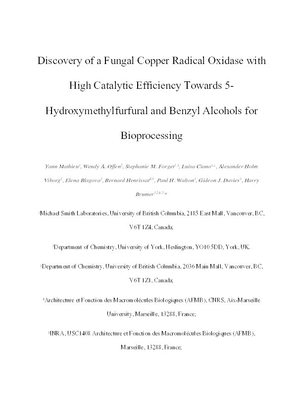 Discovery of a fungal copper radical oxidase with high catalytic efficiency towards 5-hydroxymethylfurfural and benzyl alcohols for bioprocessing Thumbnail