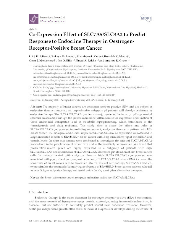 Co-Expression Effect of SLC7A5/SLC3A2 to Predict Response to Endocrine Therapy in Oestrogen-Receptor-Positive Breast Cancer Thumbnail