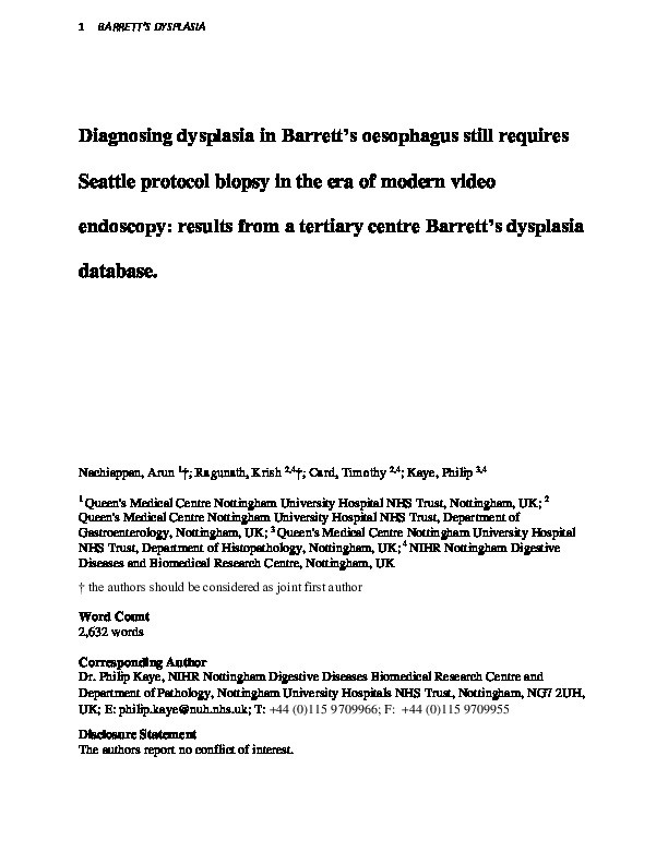 Diagnosing dysplasia in Barrett’s oesophagus still requires Seattle protocol biopsy in the era of modern video endoscopy: results from a tertiary centre Barrett’s dysplasia database. Thumbnail