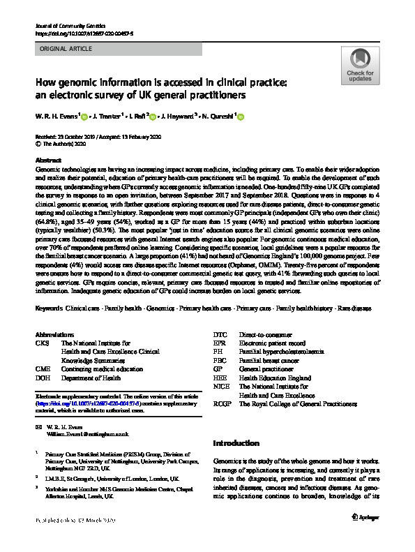 How genomic information is accessed in clinical practice: an electronic survey of UK general practitioners Thumbnail