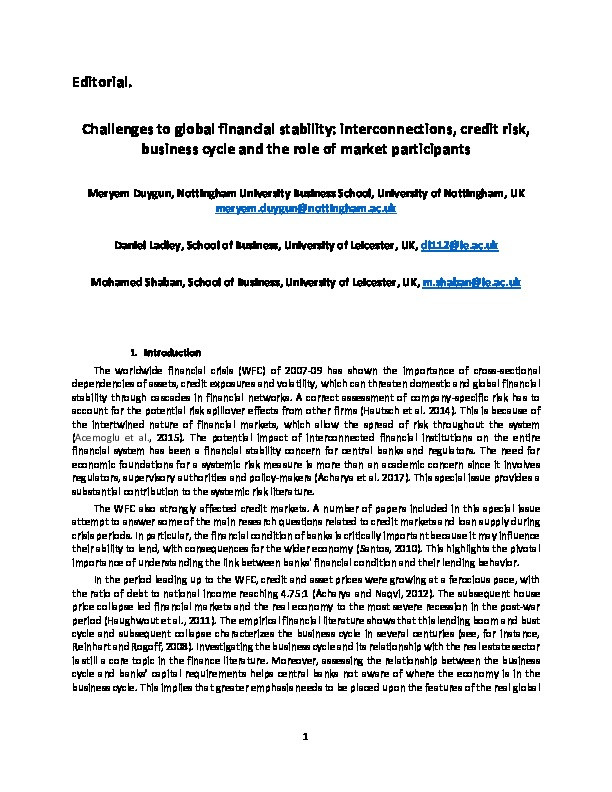 Challenges to global financial stability: Interconnections, credit risk, business cycle and the role of market participants Thumbnail