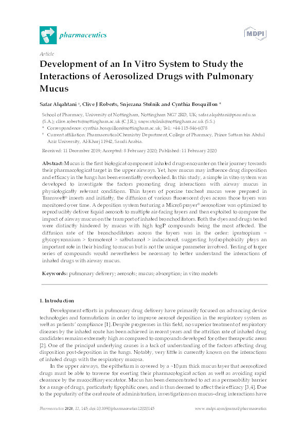 Development of an in vitro system to study the interactions of aerosolized drugs with pulmonary mucus Thumbnail