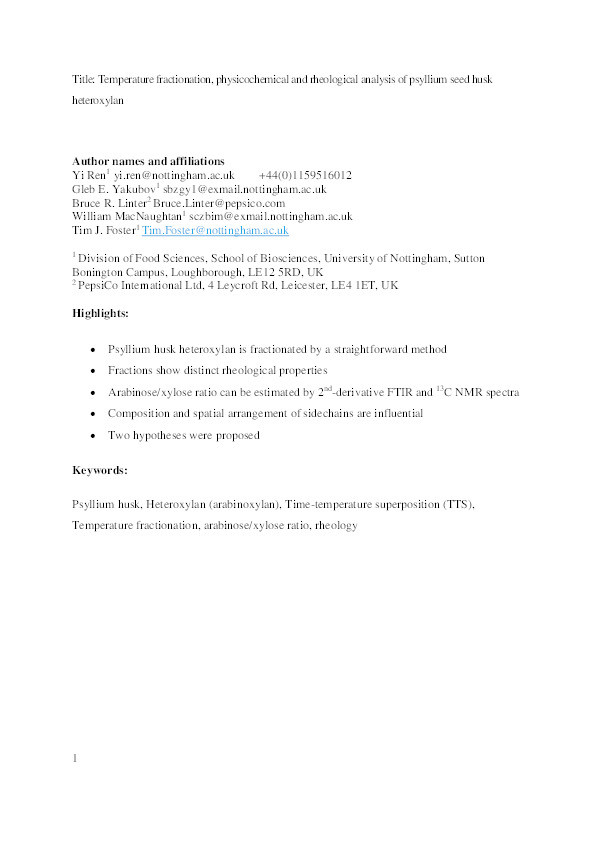 Temperature fractionation, physicochemical and rheological analysis of psyllium seed husk heteroxylan Thumbnail