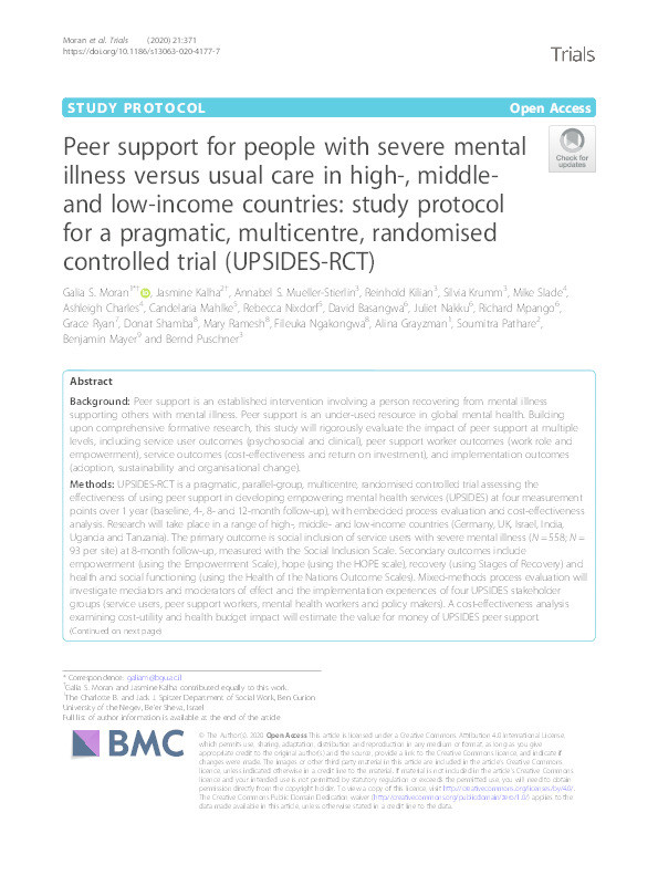Peer support for people with severe mental illness versus usual care in high-, middle- A nd low-income countries: Study protocol for a pragmatic, multicentre, randomised controlled trial (UPSIDES-RCT) Thumbnail