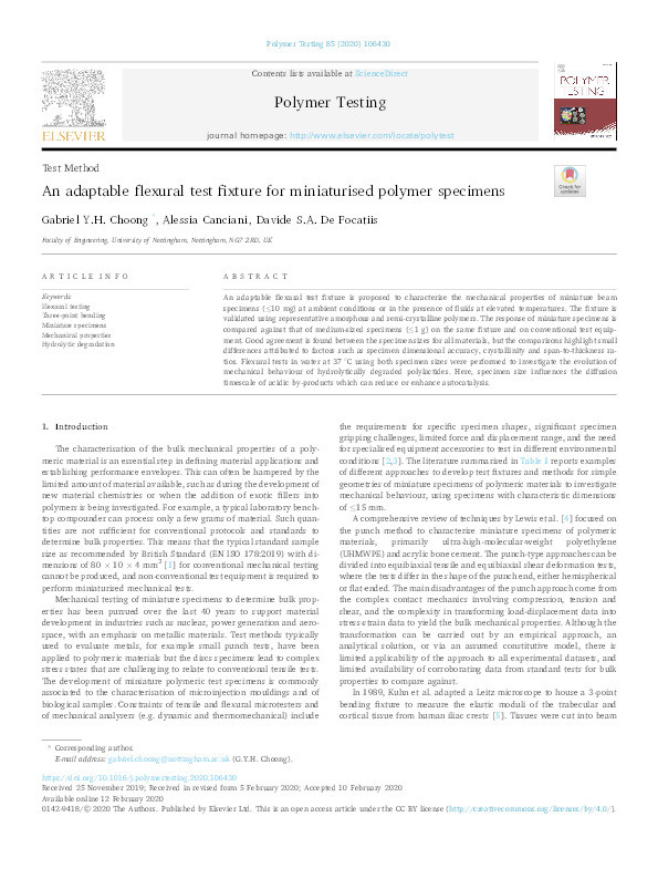 An adaptable flexural test fixture for miniaturised polymer specimens Thumbnail