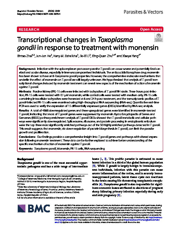 Transcriptional changes in Toxoplasma gondii in response to treatment with monensin Thumbnail