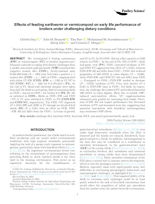 Effects of feeding earthworm or vermicompost on early life performance of broilers under challenging dietary conditions Thumbnail