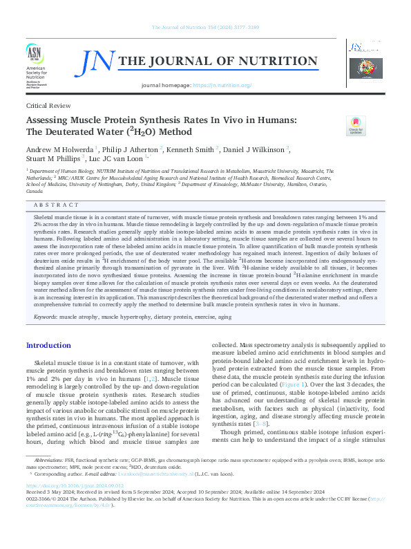 Assessing muscle protein synthesis rates in vivo in humans: the deuterated water (2H2O) method Thumbnail