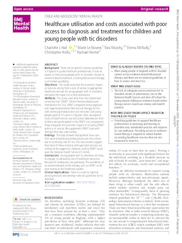 Healthcare utilisation and costs associated with poor access to diagnosis and treatment for children and young people with tic disorders Thumbnail