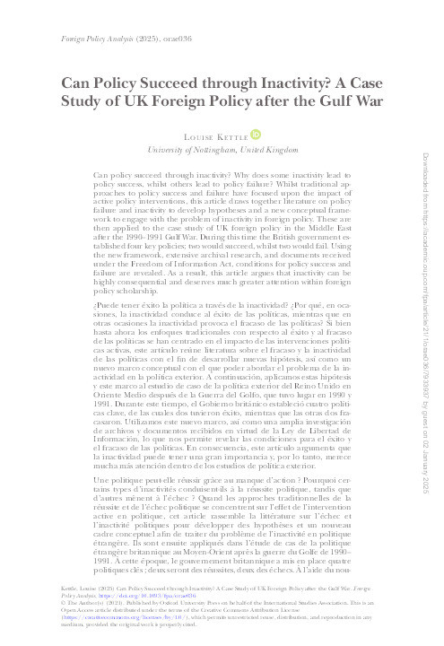 Can Policy Succeed through Inactivity? A Case Study of UK Foreign Policy after the Gulf War Thumbnail