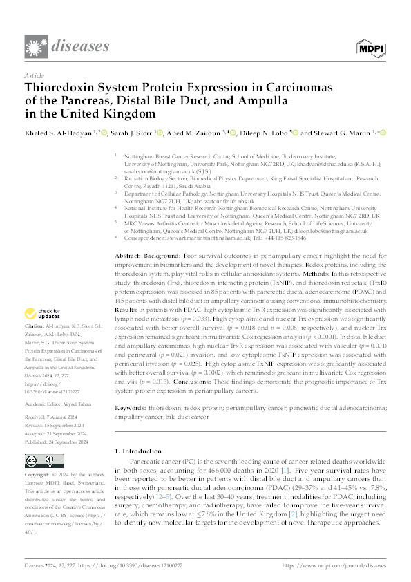 Thioredoxin System Protein Expression in Carcinomas of the Pancreas, Distal Bile Duct, and Ampulla in the United Kingdom Thumbnail