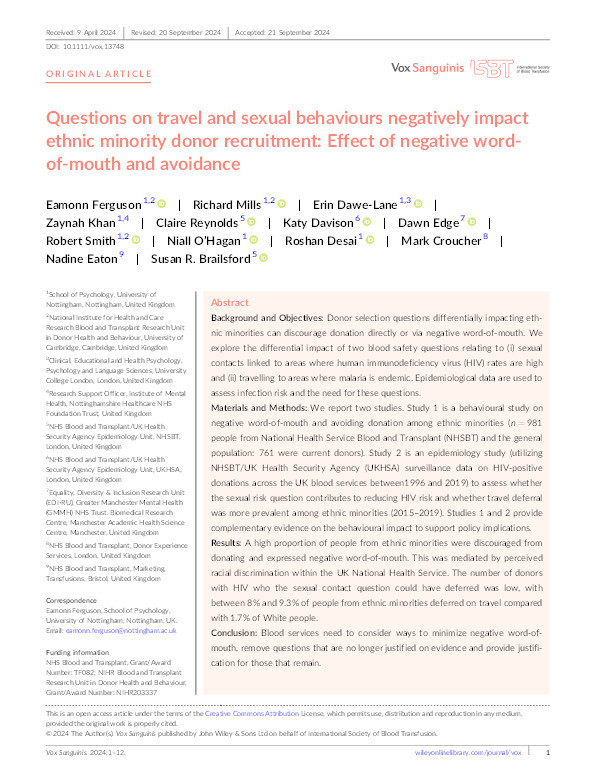 Questions on travel and sexual behaviours negatively impact ethnic minority donor recruitment: Effect of negative word-of-mouth and avoidance Thumbnail