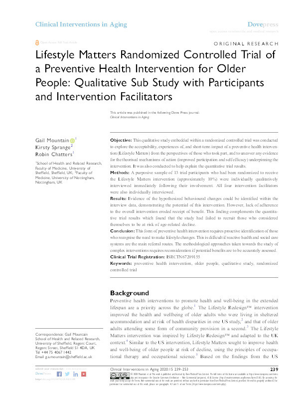 Lifestyle matters randomized controlled trial of a preventive health intervention for older people: Qualitative sub study with participants and intervention facilitators Thumbnail