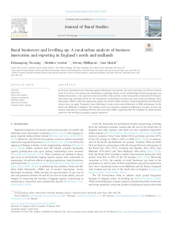 Rural businesses and levelling up: A rural-urban analysis of business innovation and exporting in England's north and midlands Thumbnail