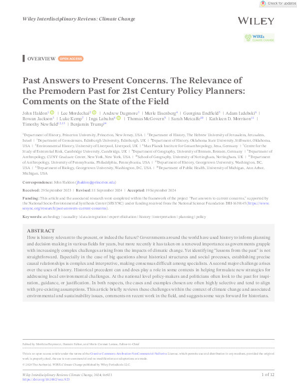 Past Answers to Present Concerns. The Relevance of the Premodern Past for 21st Century Policy Planners: Comments on the State of the Field Thumbnail