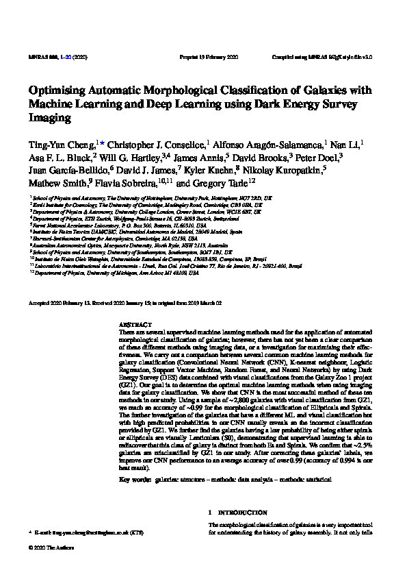 Optimizing automatic morphological classification of galaxies with machine learning and deep learning using Dark Energy Survey imaging Thumbnail