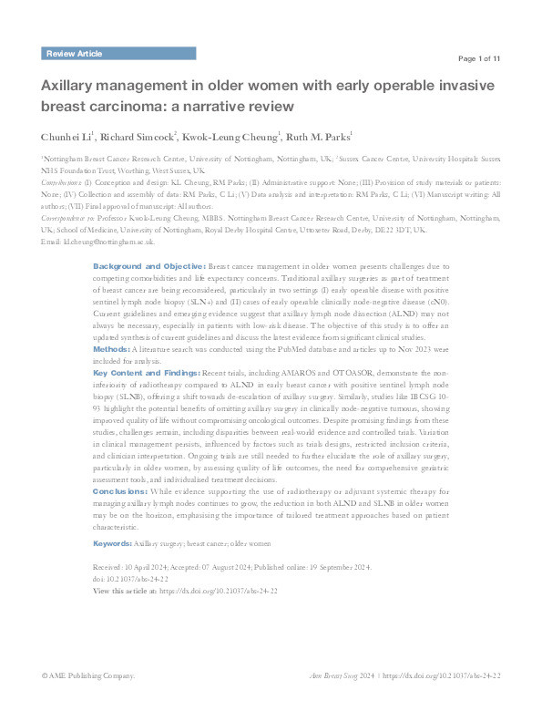 Axillary management in older women with early operable invasive breast carcinoma: a narrative review Thumbnail