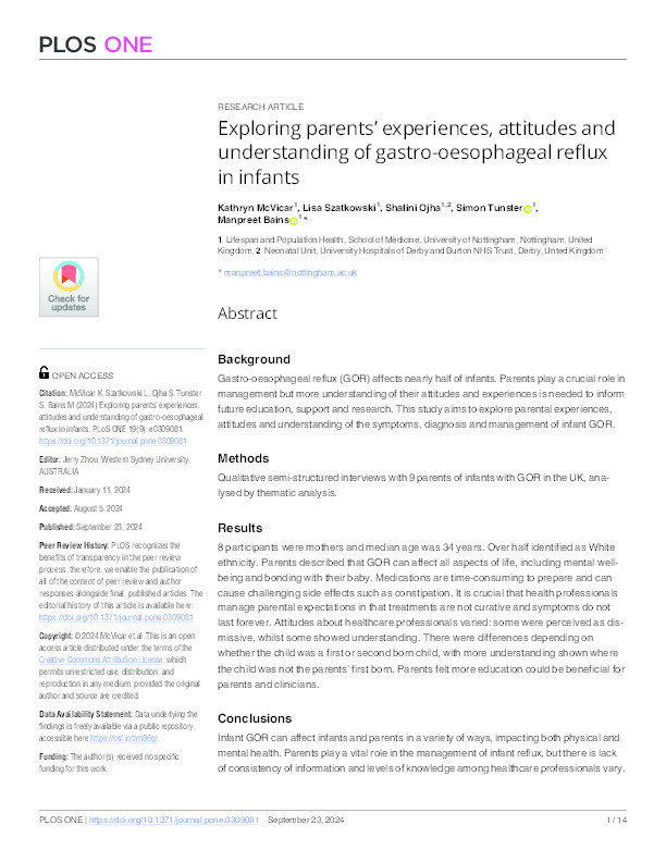 Exploring parents’ experiences, attitudes and understanding of gastro-oesophageal reflux in infants Thumbnail