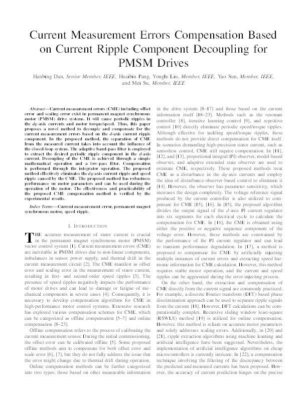 Current Measurement Errors Compensation Based on Current Ripple Component Decoupling for PMSM Drives Thumbnail