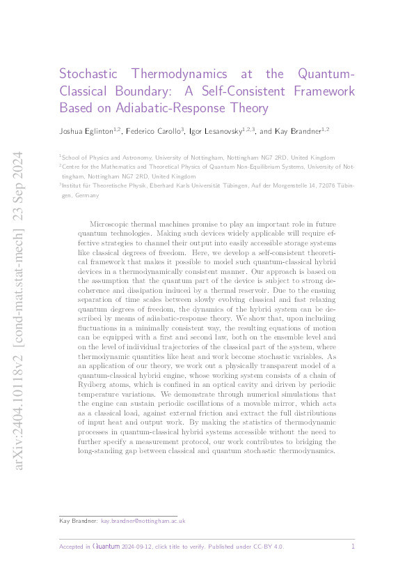 Stochastic Thermodynamics at the Quantum-Classical Boundary: A Self-Consistent Framework Based on Adiabatic-Response Theory Thumbnail