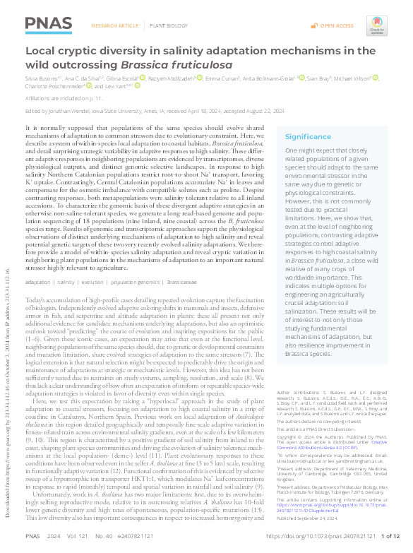 Local cryptic diversity in salinity adaptation mechanisms in the wild outcrossing Brassica fruticulosa Thumbnail