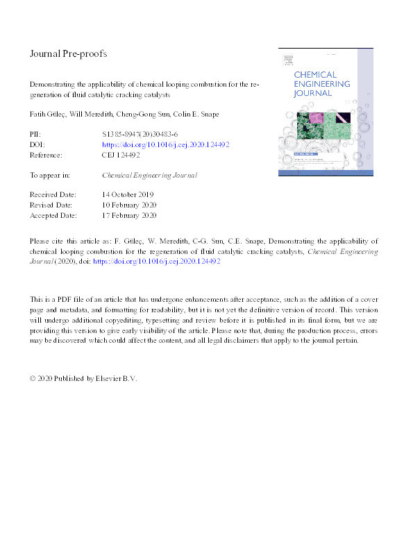 Demonstrating the applicability of chemical looping combustion for the regeneration of fluid catalytic cracking catalysts Thumbnail