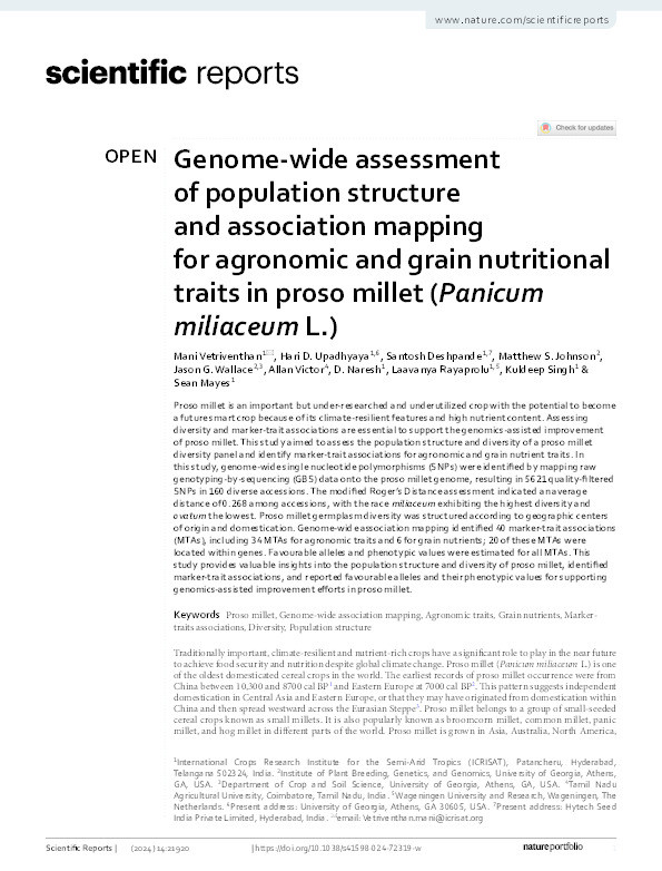 Genome-wide assessment of population structure and association mapping for agronomic and grain nutritional traits in proso millet (Panicum miliaceum L.) Thumbnail