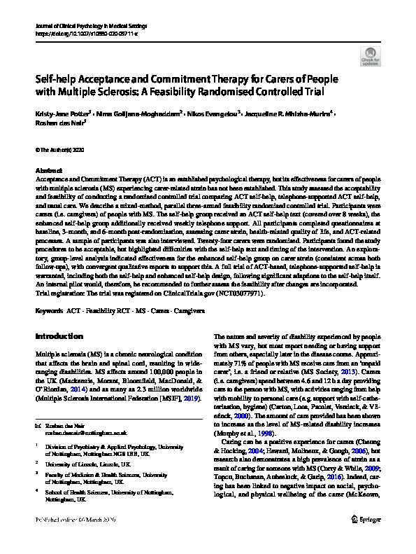 Self-help Acceptance and Commitment Therapy for Carers of People with Multiple Sclerosis: A Feasibility Randomised Controlled Trial Thumbnail