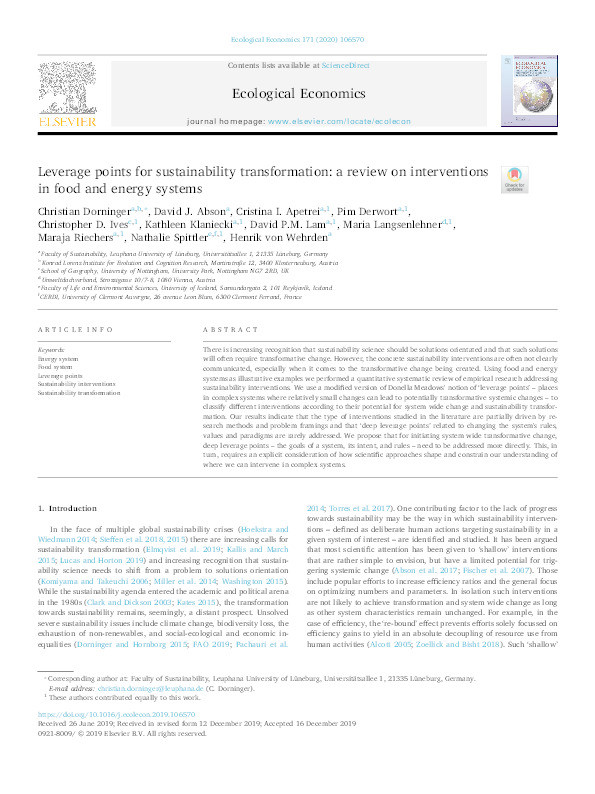 Leverage points for sustainability transformation: a review on interventions in food and energy systems Thumbnail