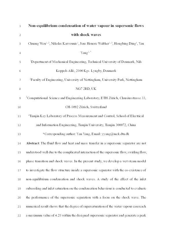 Non-equilibrium condensation of water vapour in supersonic flows with shock waves Thumbnail