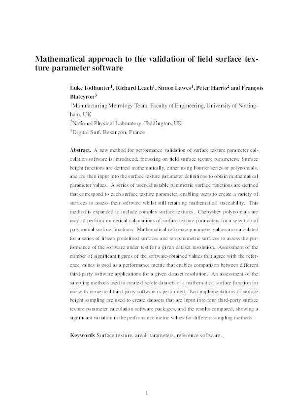 Mathematical approach to the validation of field surface texture parameter software Thumbnail