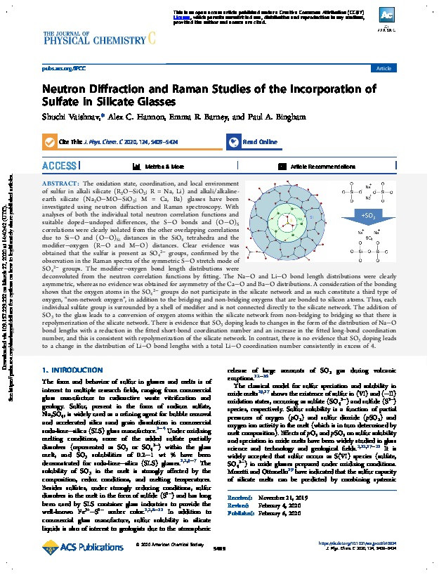 Neutron Diffraction and Raman Studies of the Incorporation of Sulfate in Silicate Glasses Thumbnail