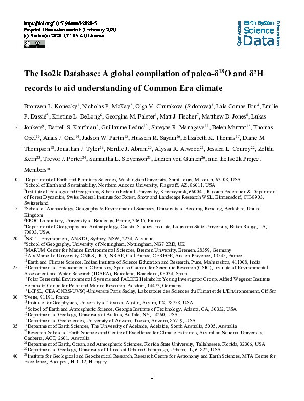 The Iso2k Database: A global compilation of paleo-δ18O and δ2H records to aid understanding of Common Era climate Thumbnail