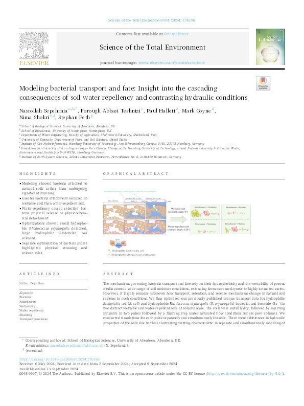 Modeling bacterial transport and fate: Insight into the cascading consequences of soil water repellency and contrasting hydraulic conditions Thumbnail