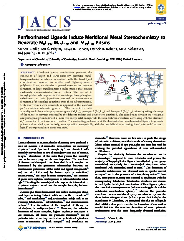 Perfluorinated Ligands Induce Meridional Metal Stereochemistry to Generate M8L12, M10L15, and M12L18 Prisms Thumbnail