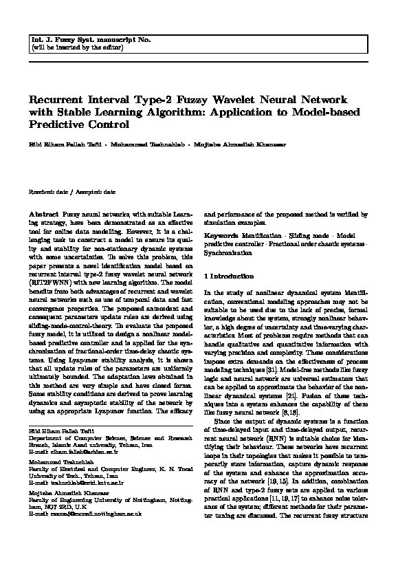 Recurrent Interval Type-2 Fuzzy Wavelet Neural Network with Stable Learning Algorithm: Application to Model-Based Predictive Control Thumbnail