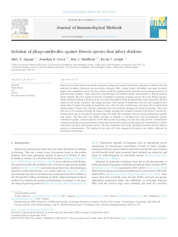 Isolation of phage-antibodies against Eimeria species that infect chickens Thumbnail