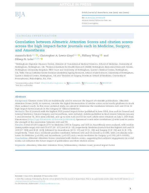 Correlation between Altmetric Attention Scores and Citation Scores across the four highest impact factor journals each in Medicine, Surgery and Anaesthesia Thumbnail