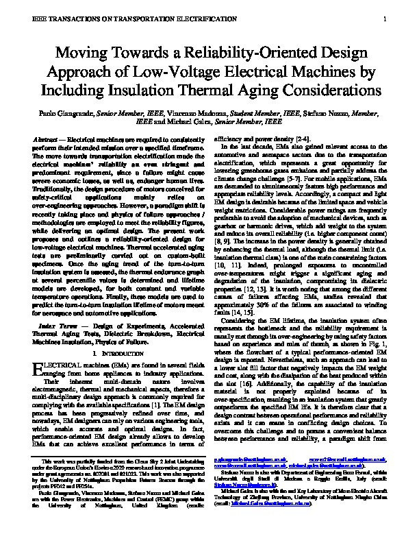Moving Toward a Reliability-Oriented Design Approach of Low-Voltage Electrical Machines by Including Insulation Thermal Aging Considerations Thumbnail