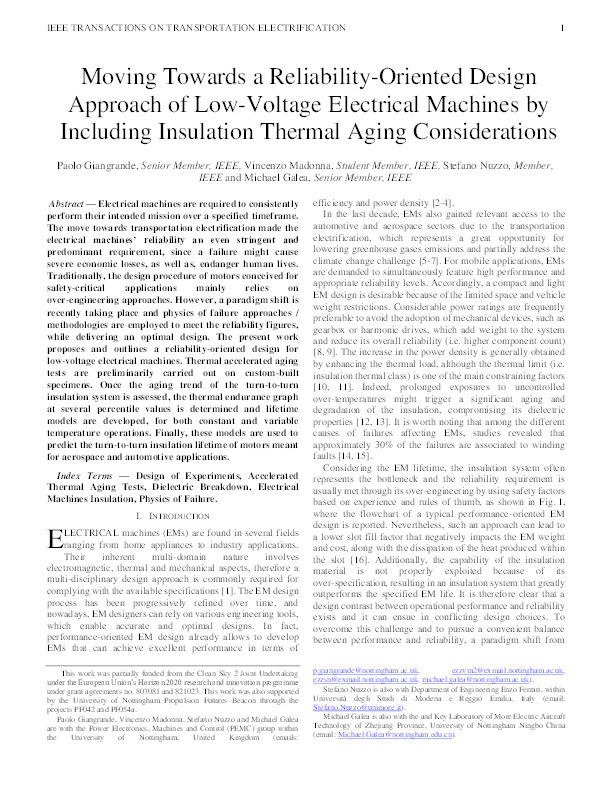 Moving Toward a Reliability-Oriented Design Approach of Low-Voltage Electrical Machines by Including Insulation Thermal Aging Considerations Thumbnail