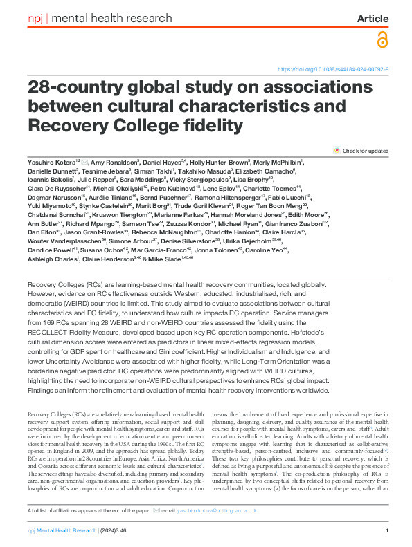 28-country global study on associations between cultural characteristics and Recovery College fidelity Thumbnail