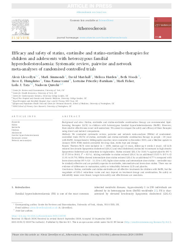 Efficacy and safety of statins, ezetimibe and statins-ezetimibe therapies for children and adolescents with heterozygous familial hypercholesterolaemia: Systematic review, pairwise and network meta-analyses of randomised controlled trials Thumbnail