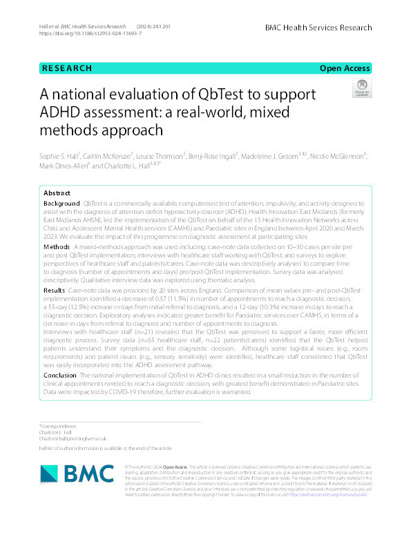 A national evaluation of QbTest to support ADHD assessment: a real-world, mixed methods approach Thumbnail