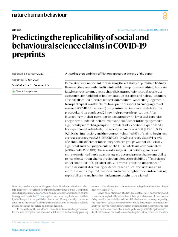 Predicting the replicability of social and behavioural science claims in COVID-19 preprints Thumbnail