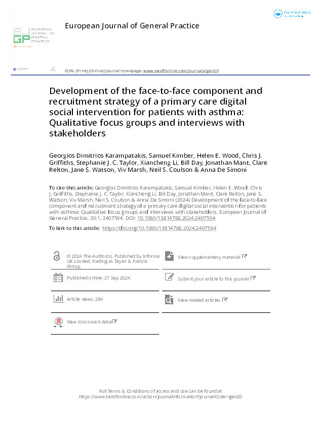 Development of the face-to-face component and recruitment strategy of a primary care digital social intervention for patients with asthma: Qualitative focus groups and interviews with stakeholders Thumbnail